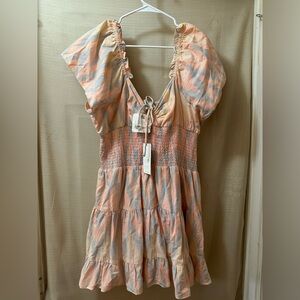 Cleobella NWT Smocked Tiered Mini Dress L Pastel Boho Cotton Tie Dye Summer